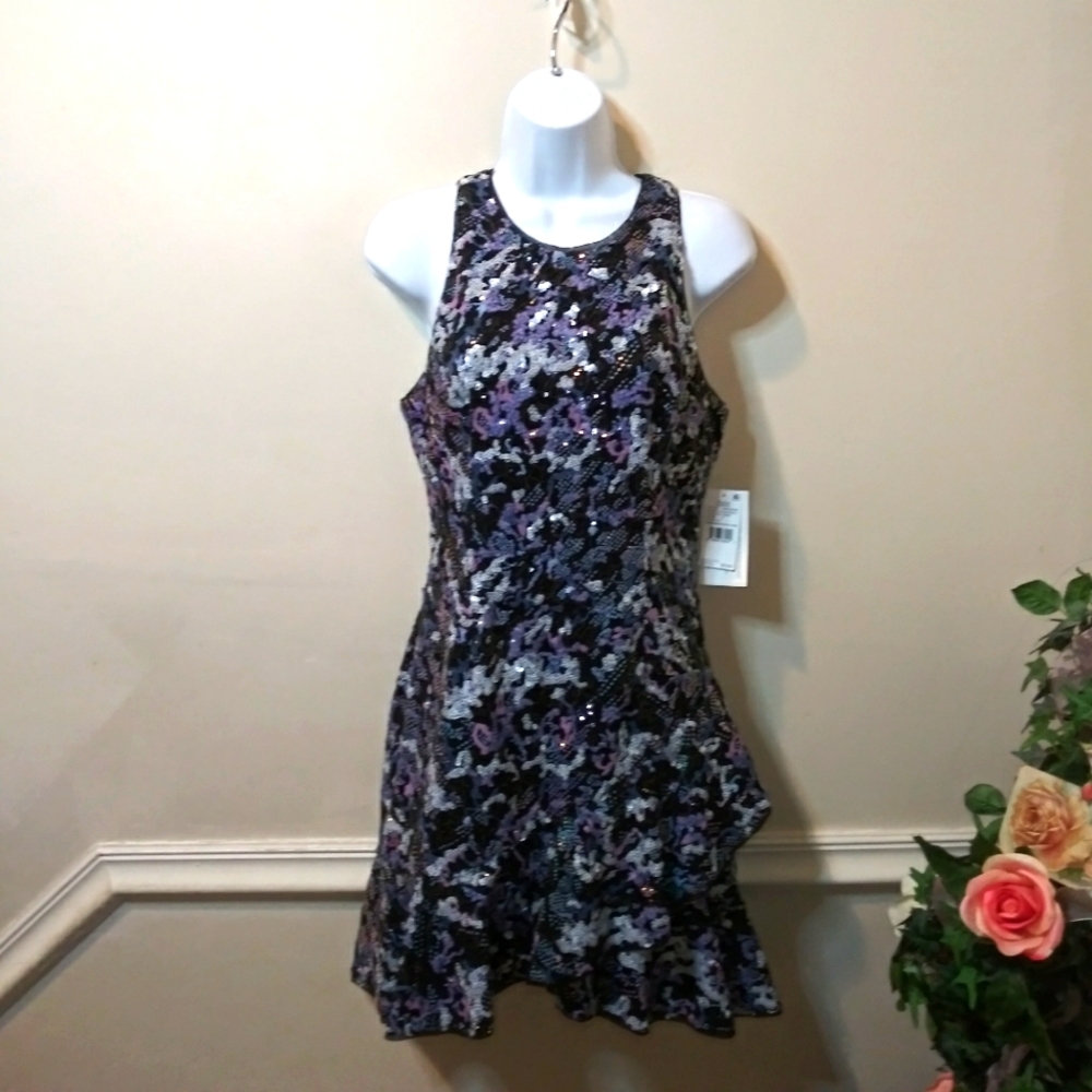 Aidan By Aidan Mattox Halter Neck Style Blue/Multi Sequin Covered Cocktail Dress
